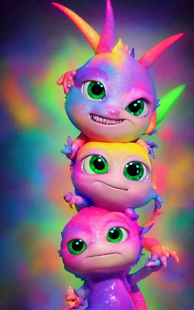 Image similar to a cute baby dragon, big eyes, pixar animation style, soft fur, by jeff koons, by lisa frank, octane render, by takashi murakami, toy, glitter, sparkly, colorful, spectral color, 5 d, ultra - hd, happy, good, mini, volumetric lighting