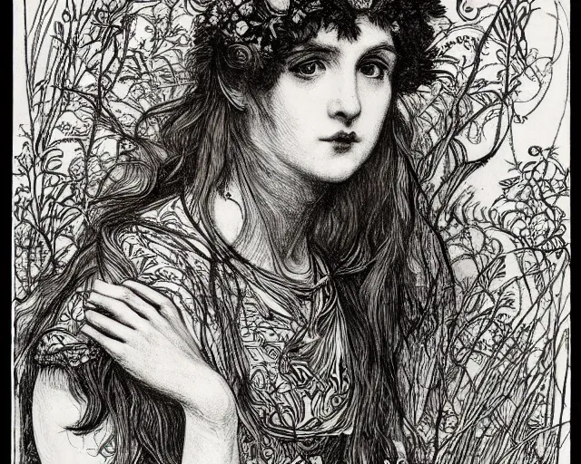 Prompt: ophelia by john everett millais, illustrated in the style of aubrey beardsley, black ink, decadent, floral, intricate line art