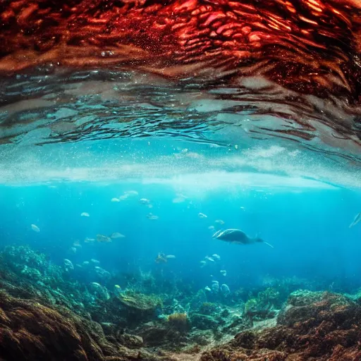 Image similar to professional photo of an underwater beach similar to level of donkey kong country, by discovery magazine, dolphin underwater, real life, photorealistic, soft focus, long exposure