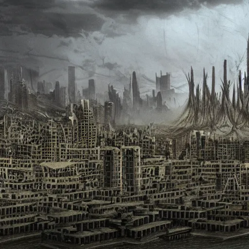 Prompt: city by lake, carcosa, eldritch, white sky, black stars, king in yellow, matte painting