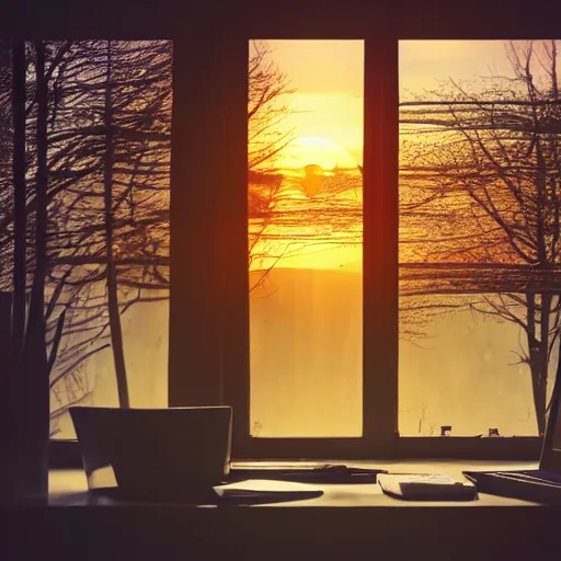 Prompt: sleepy anonymous art junky at computer, beautiful sunrise through wide window