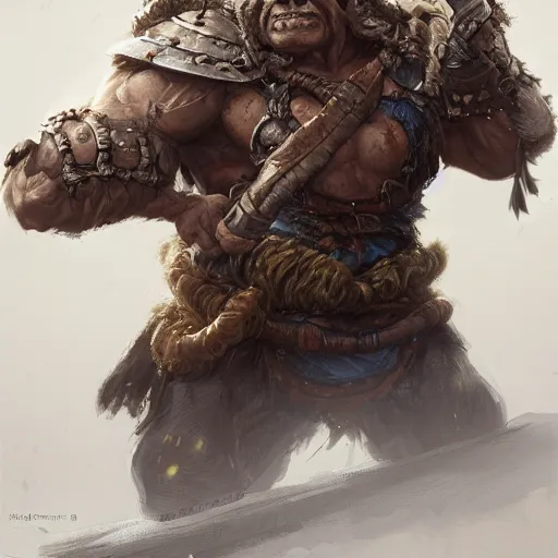 Prompt: a detailed portrait of an orc warrior dressed with a rugged armor, by justin gerard and greg rutkowski, digital art, realistic painting, dnd, character design, trending on artstation