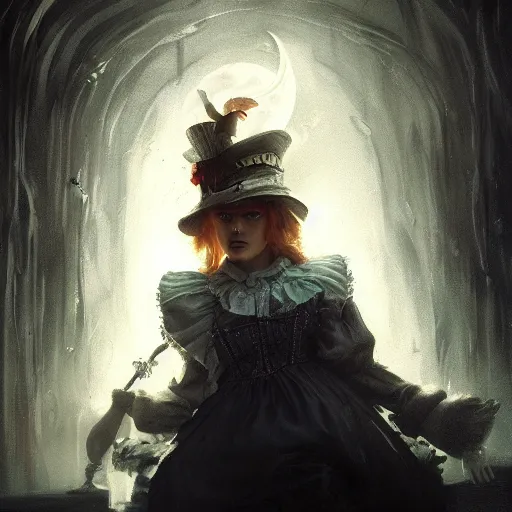 Image similar to closeup portrait of alice in wonderland, dramatic lighting, city background, night, moon, chiaroscuro, high detail, painted by greg rutkowski, painted by igor kieryluk, painted by bobby chiu, trending on artstation