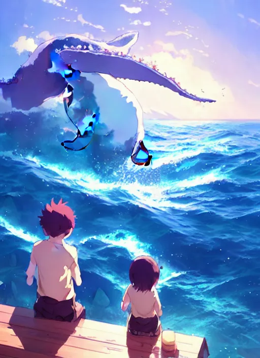 Image similar to boy and girl watching big whales on sky, illustration concept art anime key visual trending pixiv fanbox by wlop and greg rutkowski and makoto shinkai and studio ghibli