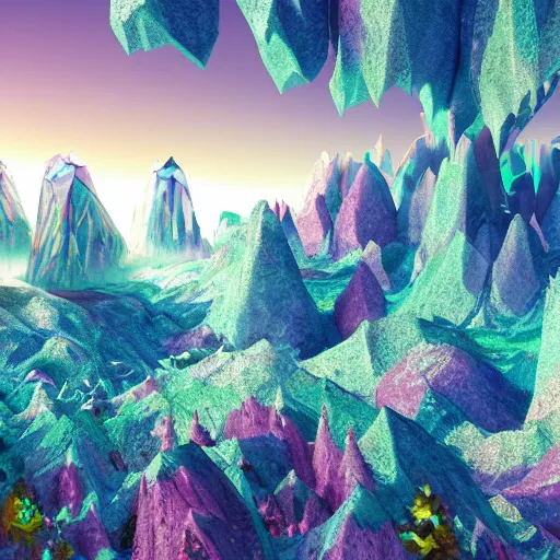 Prompt: crystallised utopian land, 8k, mad colors