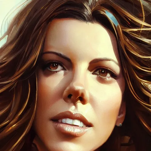 Image similar to closeup portrait of a kate beckinsale, seductive smile, chiaroscuro, city background, golden hour, dramatic lighting, complementary contrast, high detail, painted by greg rutkowski, painted by igor kieryluk, trending on artstation