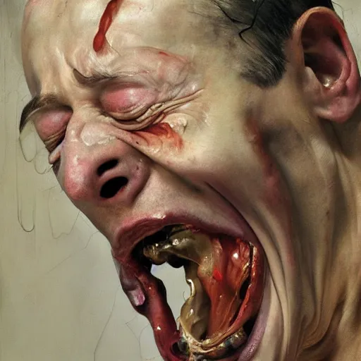 Image similar to high quality high detail painting of a man screaming in agony by lucian freud and michael hussar and jenny saville and francis bacon, hd, anxiety