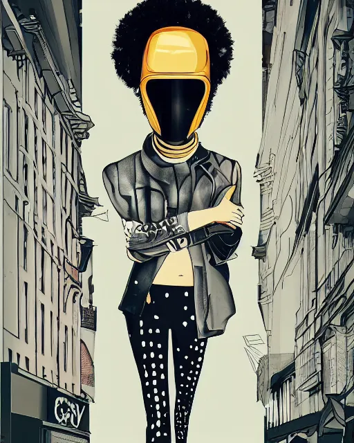 Image similar to cypherpunk fashion illustration, camera face, city street background with high tall buildings, abstract portrait highly detailed, finely detailed