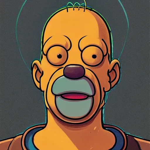 Prompt: a study of cell shaded portrait of Homer Simpson concept art, llustration, post grunge, concept art by josan gonzales and wlop, by james jean, Victo ngai, David Rubín, Mike Mignola, Laurie Greasley, highly detailed, sharp focus, alien, Trending on Artstation, HQ, deviantart, art by artgem