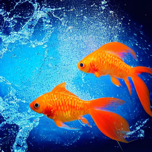 Image similar to stock photo of goldfish jumping out of the water bowl to freedom out blue background