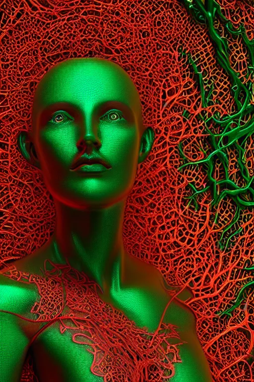 Image similar to a melancholic realistic 8k sculpture of a complex robotic human face, liquid metal simulation, bright psychedelic neon colors, dark dramatic lighting, hexagonal mesh wire, filigree intricate details, cinematic, fleshy, red blossoms, green ivy, elegant, 50mm lens, DOF, octane render, art nouveau, 8k post-processing, intricate art by greg rutkowski