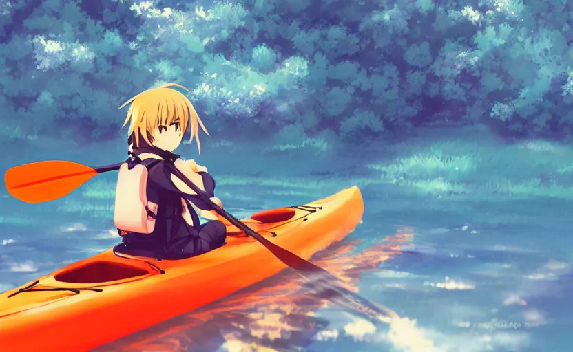 Prompt: An anime girl in a kayak, paddling down a river, anime scenery by Makoto Shinkai, digital art