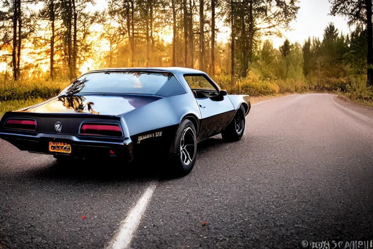 Prompt: pontiac firebird trans - am with black paint, sunrise, eerie light, fireflies, dog watching the car, dramatic, cinematic, forest, horror, sunbeams, volumetric lighting, wide shot, low angle, lightning storm hitting the car, ground cracking open to reveal a portal to hell