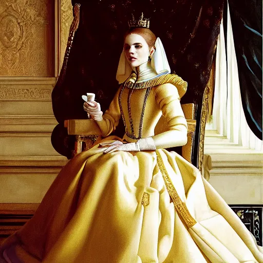 Prompt: regal Emma Watson sitting on queens throne royalty wearing royal mantle gold jewelry by moebius and atey ghailan by james gurney by vermeer by George Stubbs -9