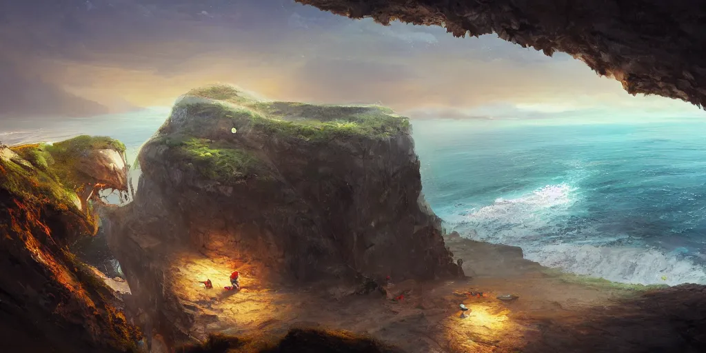 Prompt: a cavern on the edge of a cliff overlooking the ocean by Jessica Rossier, trending on artstation