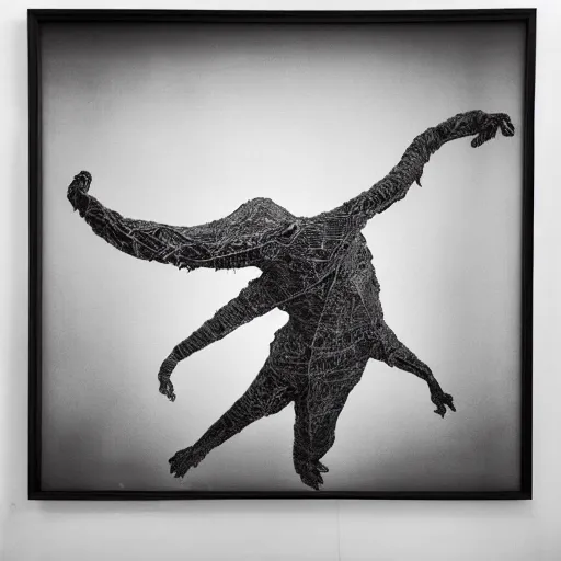 Prompt: surreal alien beast, made of roughly torn fabric, stretched over a deliberately sloppy frame, crossing the river, Contemporary art, Affandi, XIXth century black and white old photography, moody lighting, black and white