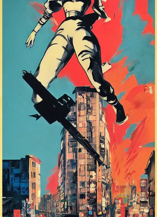 Prompt: attack of the 5 0 foot woman ( 1 9 5 8 ) film as a giant japanese cosplay, girl towering over buildings, by ashley wood, yoji shinkawa, jamie hewlett, 6 0's french movie poster, french impressionism, vivid colors, palette knife and brush strokes, dutch tilt