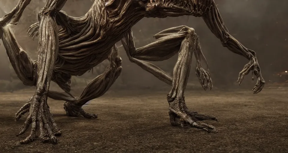 Image similar to still from a horror movie of grotesque alien lunging towards the camera, highly detailed, horror movie scene, unreal engine, octane render, natural light outside