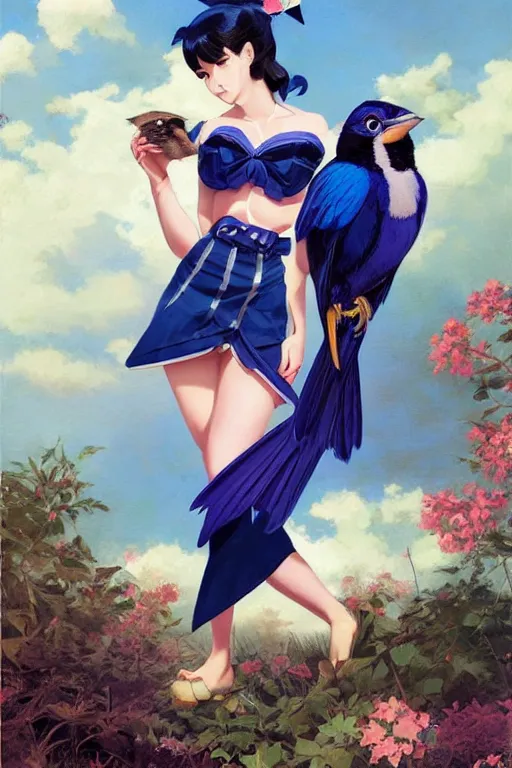 Image similar to anime pinup girl holding an indigo bunting, bird, the bird is wearing a bowtie, by greg rutkowski, rossdraws, gil elvgren, enoch bolles, anime, porcelain skin, very coherent