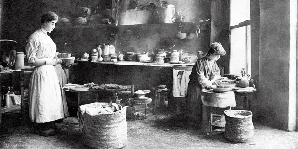Prompt: a young edwardian woman baking bread in a cozy french kitchen