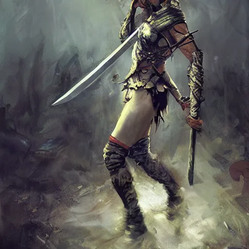 Image similar to a warrior woman with a stunning sword, dead zombie on ground, by craig mullins _ w 7 0 0