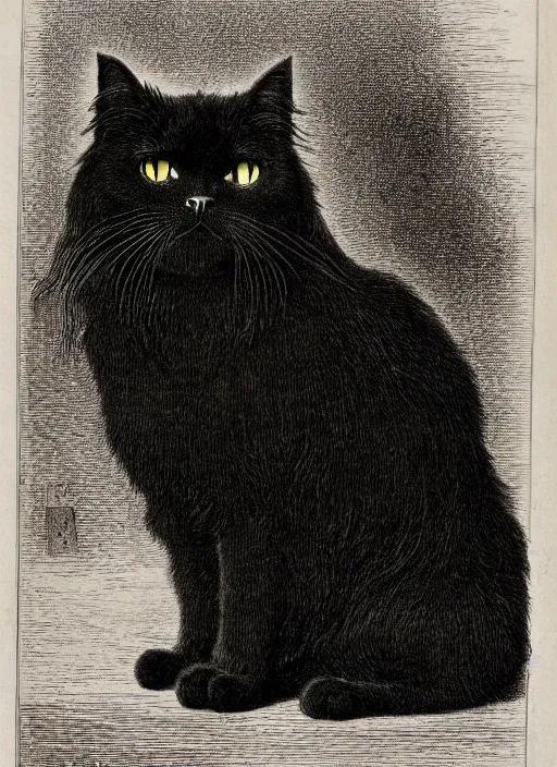 Image similar to portrait of a black persian cat staring contemptuously at people, demon from the dictionarre infernal, etching by louis le breton, 1 8 6 9, 1 2 0 0 dpi scan, ultrasharp detail, clean scan