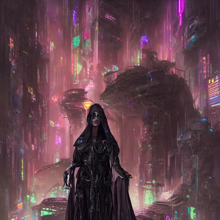 Image similar to futuristic priestess in a hooded robe full of cables and neons, cyberpunk, gothic, fantasy, science fiction, character concept art, matte painting, hyperdetailed, realistic, creepy, atmospheric, cinematic, kinemacolor