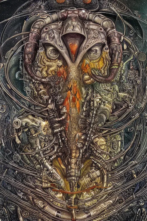 Prompt: a cosmic alien monster with incredibly detailed embedded symbols, global illumination, award winning works by H. R. Giger, Ernst Haeckel, Beto Val, Simon Holmedal, Silent Hill, acid color palette,