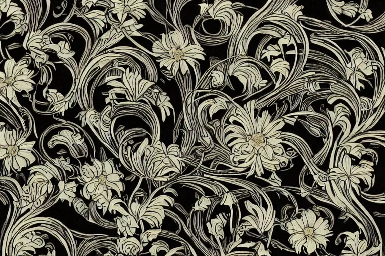 Image similar to elegant pattern of surreal, organisms, flowers isolated in a black background : : art nouveau, by rafał olbinski