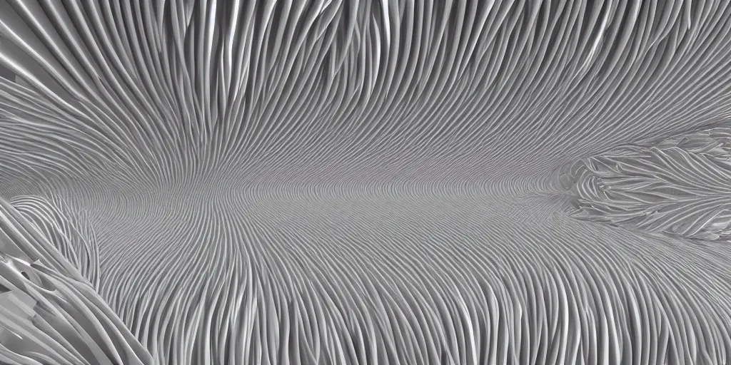 Image similar to awe symetrical highly sophisticated highly intricated generative flow fields curve ornate network wood sagrada familia ceiling continuous landscape flow, dezeen, zaha hadid, hyper realistic pastel light gray dark gray and white, ultra detailed, parametric architecture, 8k, epic cinematic detailed, 3D