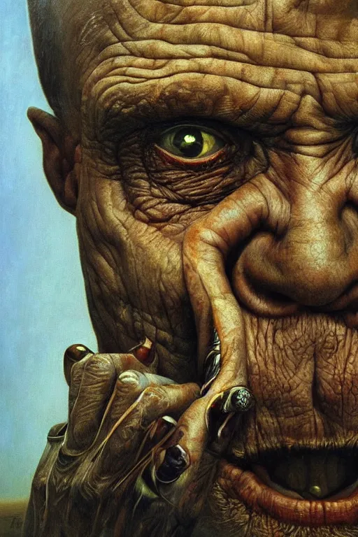 Image similar to askii art, hyperrealism oil painting, close - up portrait of a scary old man with a thousand eyes and mandibles, in style of baroque zdzislaw beksinski