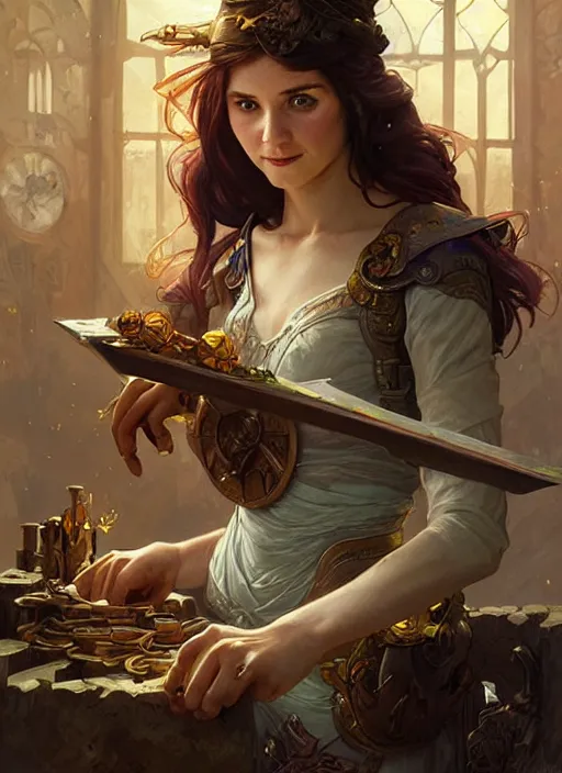 Prompt: an epic fantasy comic book style portrait painting of a young tinker girl working on a device in her workshop, d & d, fantasy, intricate, elegant, highly detailed, digital painting, artstation, concept art, matte, sharp focus, illustration, art by artgerm and greg rutkowski and alphonse mucha