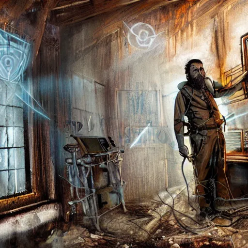 Image similar to a white man with brown hair and beard in ghost hunting outfit and gear inside a haunted house, spooky, horror, gothic, scary, proton pack, EMF meter, RGB LEDs, highly detailed, digital painting