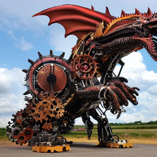 Prompt: colossal metal dragon made of clockwork and gears, flying through the clouds