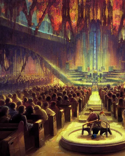 Prompt: craig mullins and moebius painting of a crowd in a futuristic church, priest, pews, ethereal, inviting, bright, unreal engine, hyper realism, realistic shading, cinematic composition, realistic render, octane render, detailed textures, photorealistic, wide shot