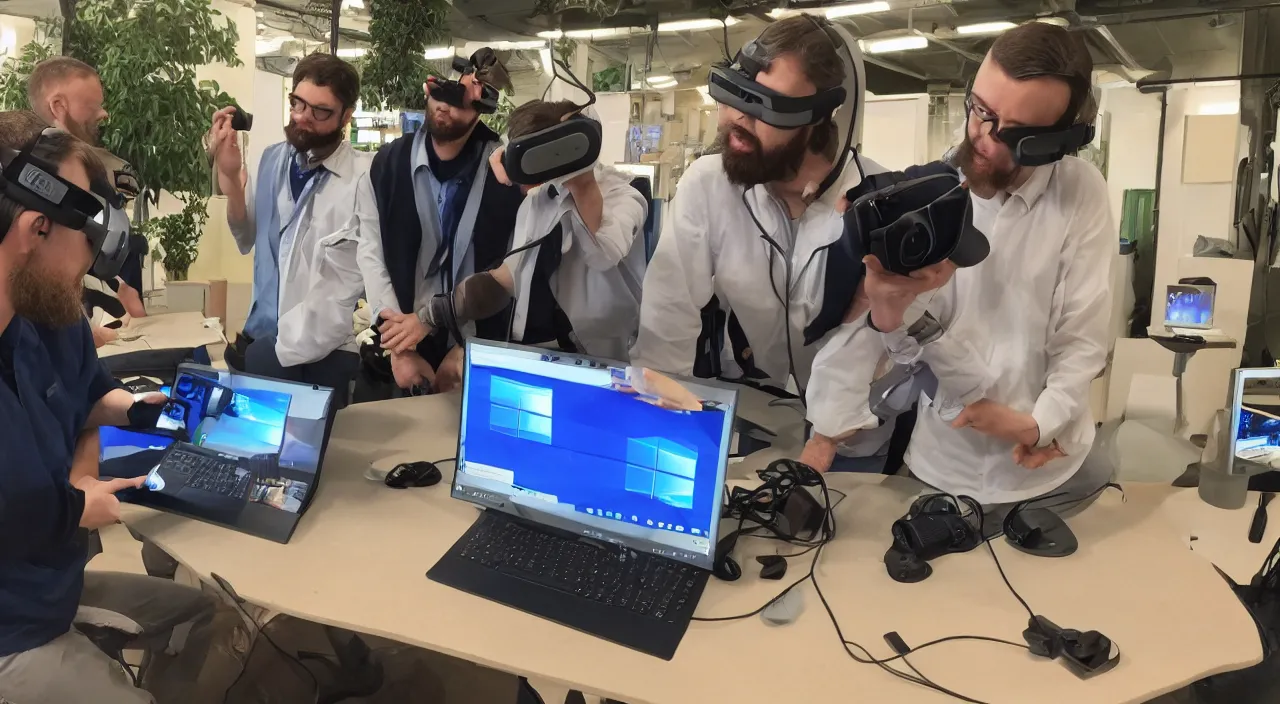 Image similar to Jesus Christ teaching his disciples how to install Windows 11 using VR. Photo realistic.