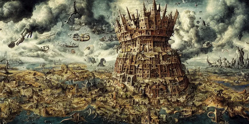 Image similar to beautiful ominous megastructure made by cats in the sky in the style of heironymus bosch, intricate masterpiece, hyper detailed, hd
