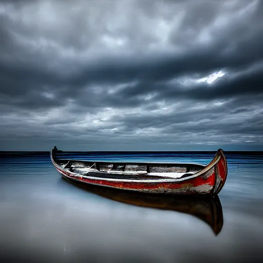 Prompt: realistic photo of flat broken mirrors stretching to the horizon, a small boat on the mirrors by albert dros