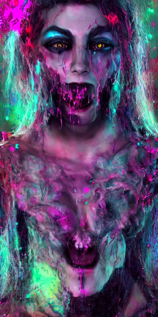 Image similar to impossibly beautiful vampire with large vampire fangs, magic, hypnosis, full body, intricate complexity, horror, psychedelic glitch art, rainbow drip paint, trending on art station, photoreal, 8k, octane render