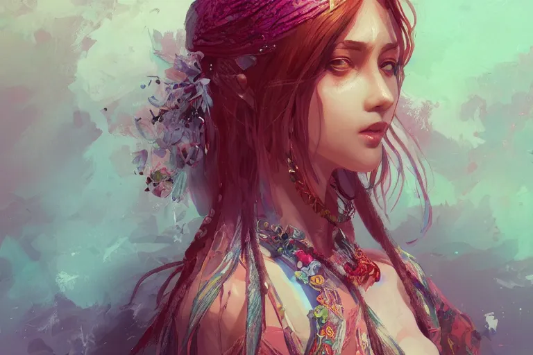 Prompt: a beautiful bohemian girl, portrait, intricate, highly detailed, digital painting, pixiv, artstation, official media, anime key visual, concept art, rich vivid colors, ambient lighting, sharp focus, illustration, art by wlop