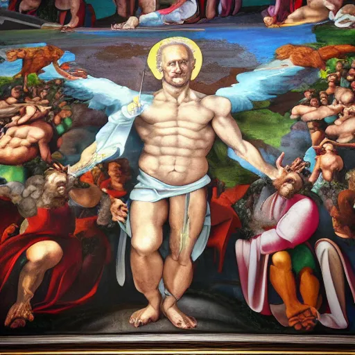 Image similar to a church mural depicting joe biden as a god, 4 k, highly detailed, painted by michelangelo