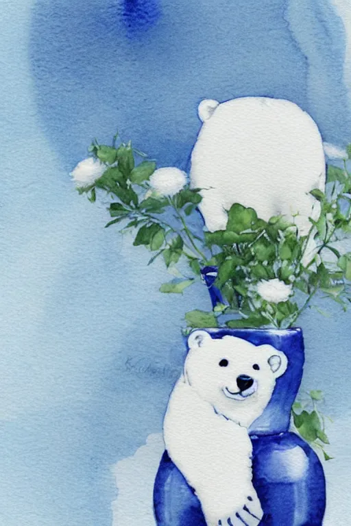 Prompt: a cute anime polar bear in a blue and white porcelain vase, watercolor, white background, lovely