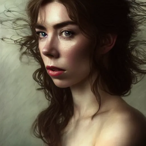 Image similar to stunning photo of vanessa kirby, dark - haired goddess, a beautiful closeup, she has tears running down her face, wet lips, perfect eyes, insanely detailed, elegant, by wlop, rutkowski, livia prima, mucha,