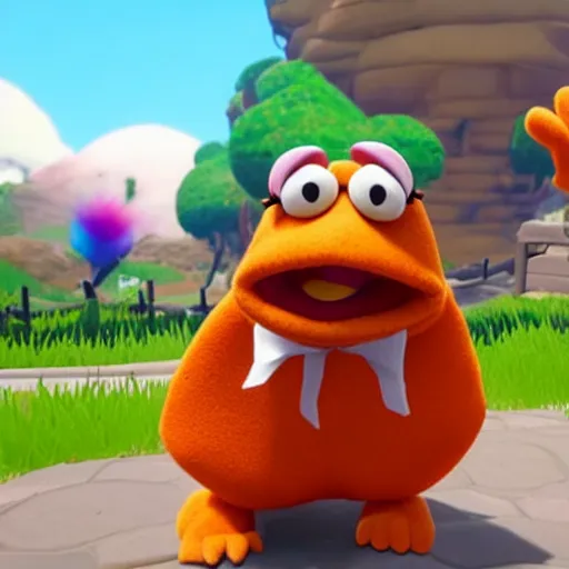 Image similar to bip bippadotta from the muppets as a wizard, furry orange puppet, in fortnite