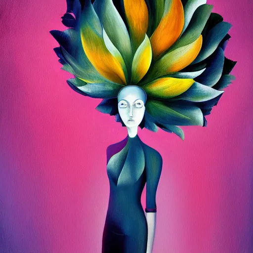 Image similar to giant flower head, woman standing in a luxury apartment, surreal, dramatic light, impressionist painting, digital painting, artstation, georgia o'keeffe