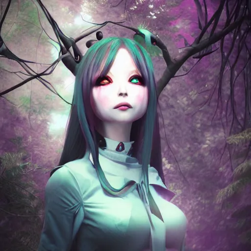 Prompt: portrait of beautiful darkness witch as a 3D anime girl, dark forest background, inspired by Tim Burton, digital painting, unreal engine render, volumetric light, high détail