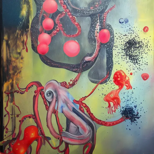 Prompt: acrylic and spray paint and oilstick on canvas, portrait of a female art student falling asleep, scientific research, crashcart, x - ray, sensual, blossom, squashed berries dripping, octopus, candlelight, neo - impressionist, surrealism