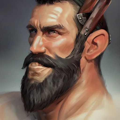 Image similar to portrait old barbarian warrior with trucker mustache and short hair, 8 k, trending on art station, by tooth wu and greg rutkowski