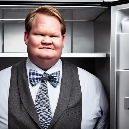 Prompt: Andy Richter is wearing a black suit and necktie and standing in a kitchen in front of an open refrigerator. There is a bright white light coming from inside the refrigerator. Andy is using his hand to shield his eyes from the bright light. Andy is squinting his eyes and his face is scrunched.