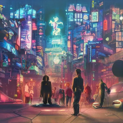 Prompt: a group of people standing around a mickey mouse, cyberpunk art by drew struzan, cgsociety, sots art, dystopian art, reimagined by industrial light and magic, concept art